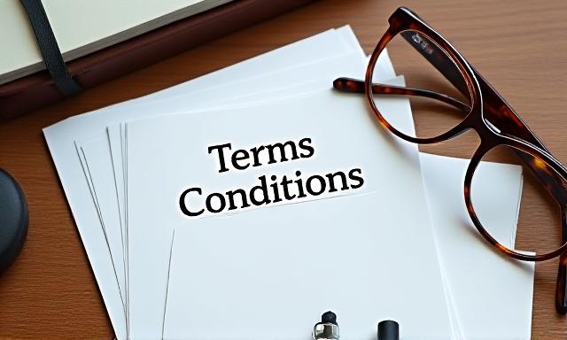 Office desk with a focus on a typed Terms and Conditions document