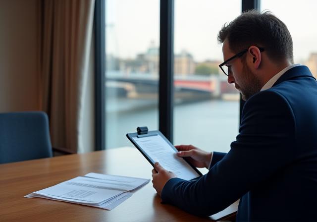 Expert legal professional drafting a bespoke contract in a modern London office