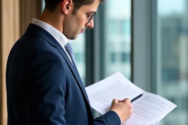 A professional legal consultant reviewing documents in a well-lit London office